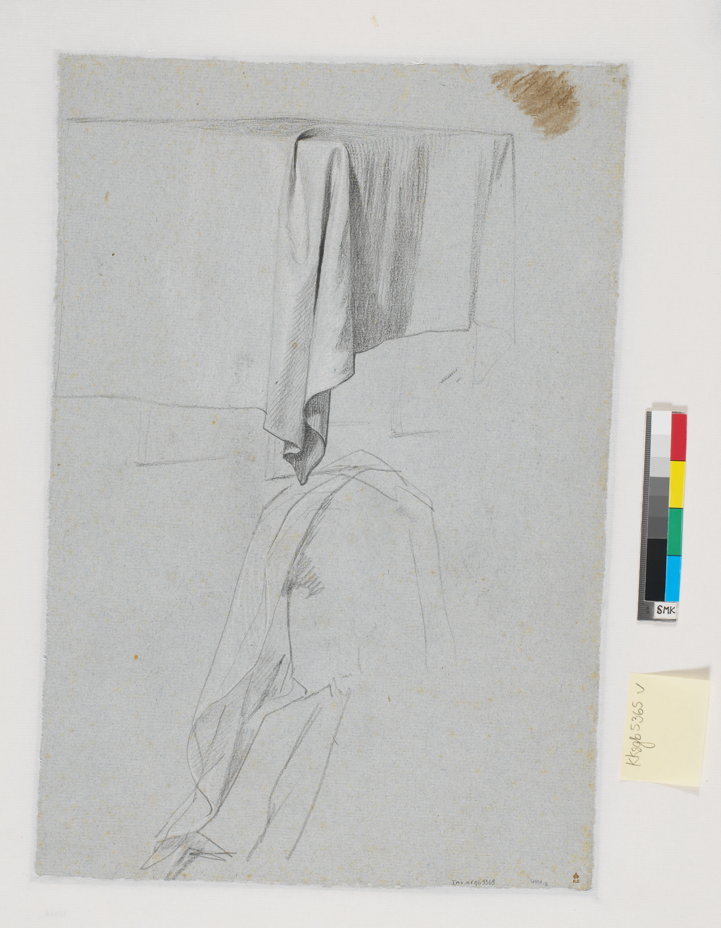 Studie af et bord med tæppe og et draperi-studie